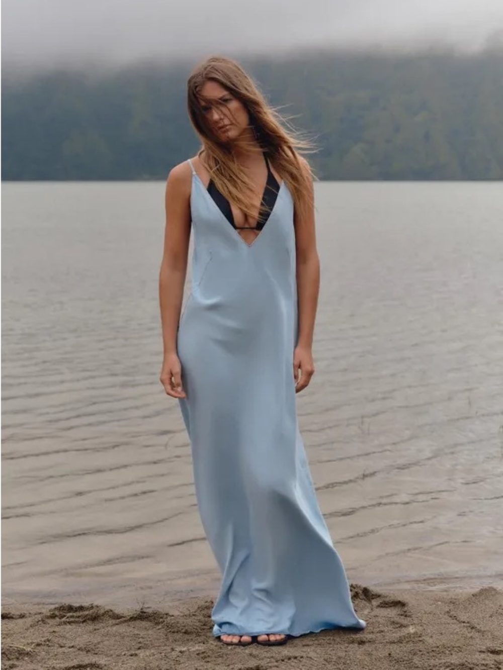Zara Light Blue Chambray V-Neck Maxi Dress